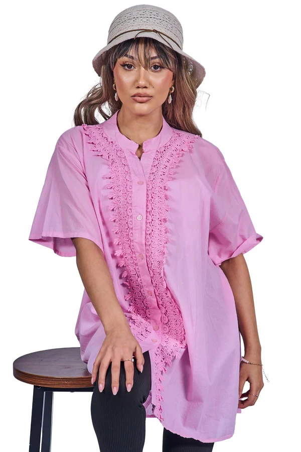 Embroidered Crochet Button-Down Front Cotton Shirt