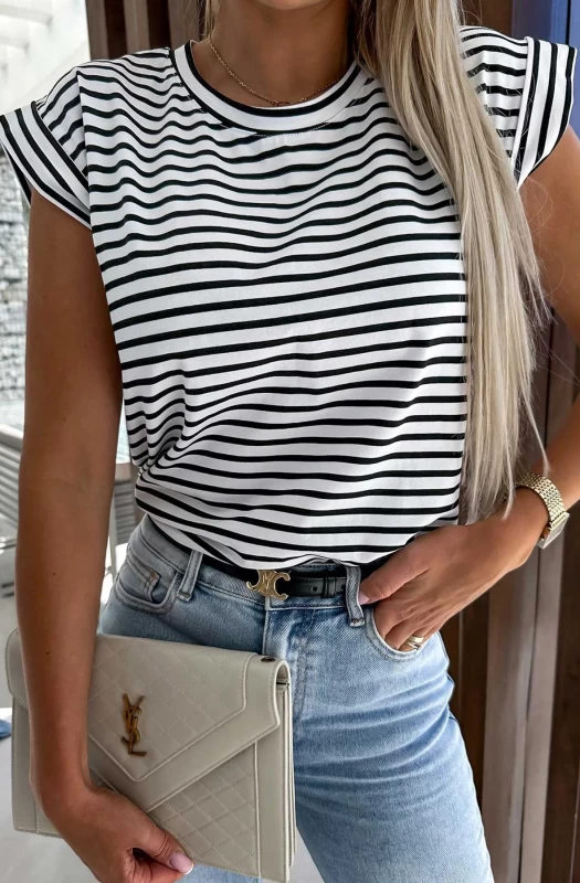 SAMMIE STRIPED CAP SLEEVES T-SHIRT TOP-IVORY