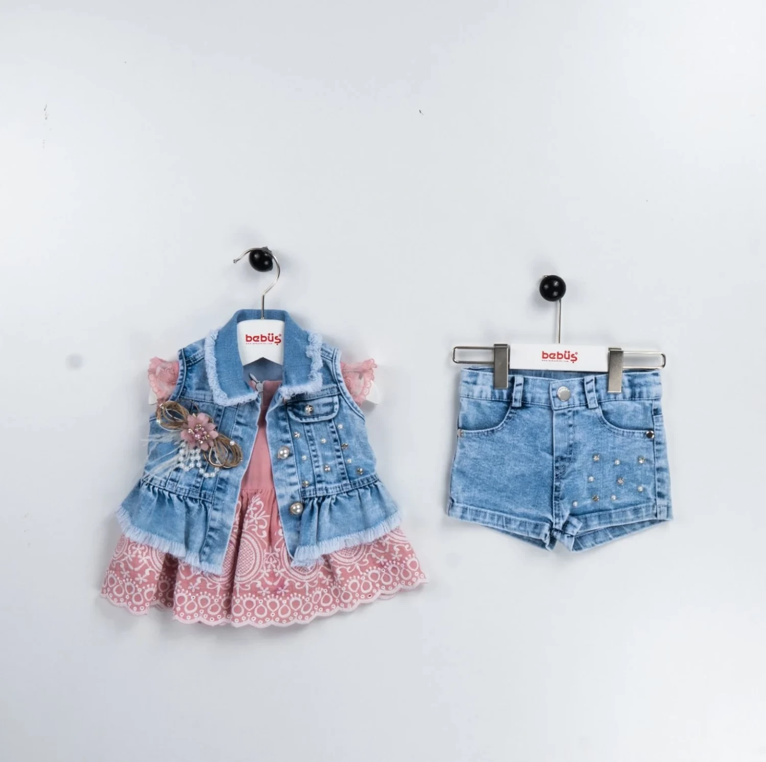 Girls Three Piece Denim Waistcoat, Anglaise Top & Denim Shorts Set (1-3Y)