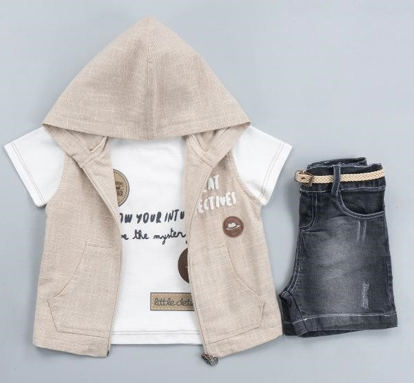 Boys 3pc Hooded Waistcoat, T Shirt & Denim Shorts Set with Belt (2-5Y)