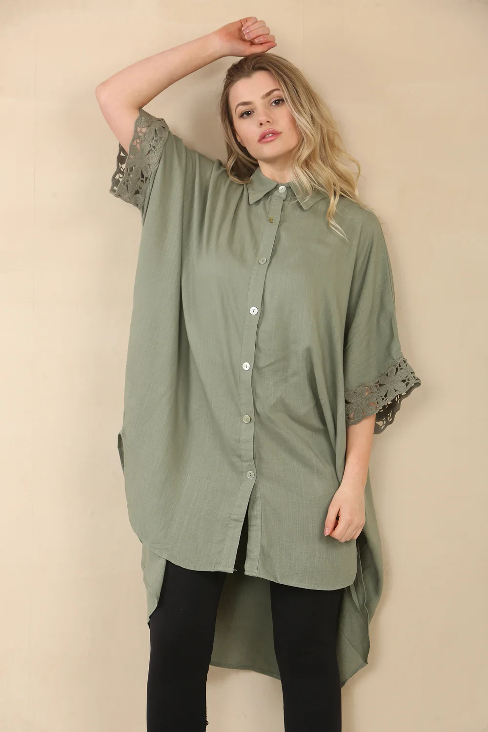 LINEN CROCHET SLEEVE SHIRT