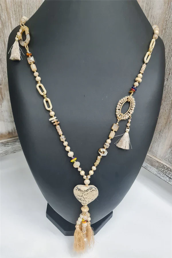 Heart Pendant Beaded Tassel Necklace