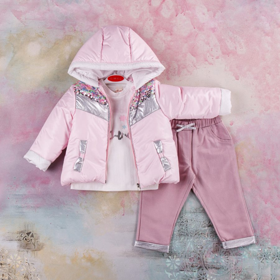Baby Girls Three Piece Padded Sequin Jacket, Diamante Top & Jeans Set -1
