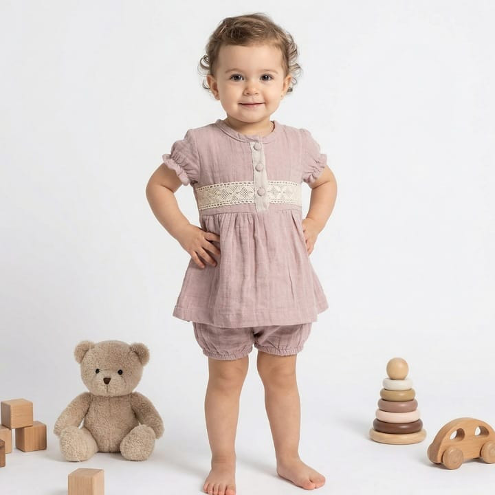 Baby Girls Two Piece Lace Trim Crinkle Short Set (9-24M)