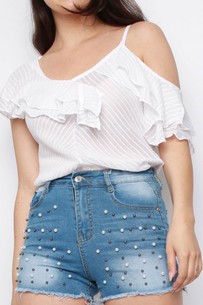 Denim Pearl Distressed High Waisted Shorts