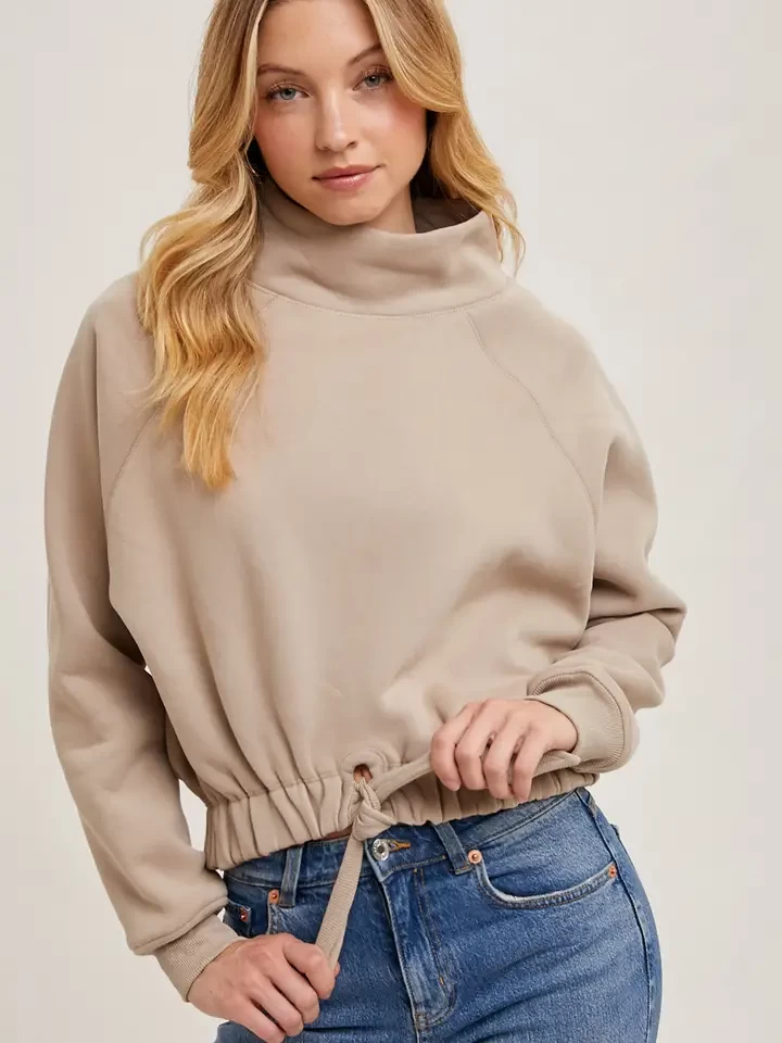 Funnel Neck Tie Front Knit Sweatshirt