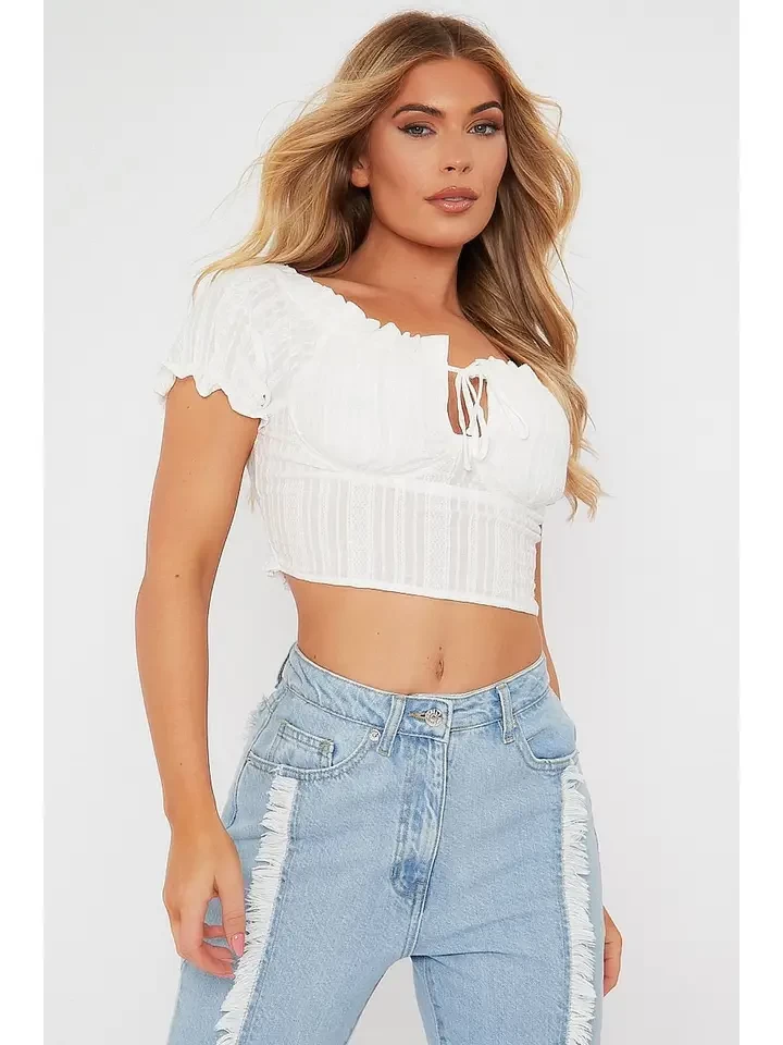 White Tie Front Short Sleeve Crop Top - Denni