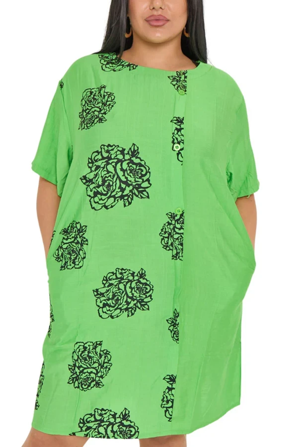 Rose Cluster Print Front Button Detail Pockets Dress