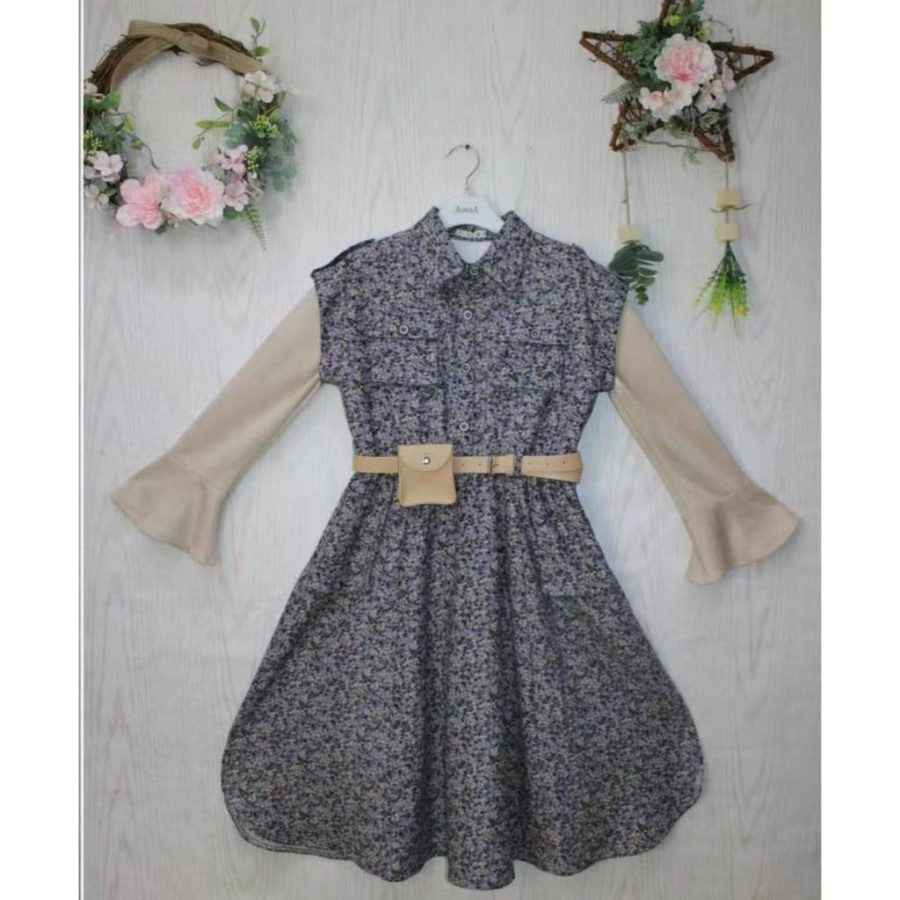 Girls Full Sleeve Floral Print Dress with Bag Belt -