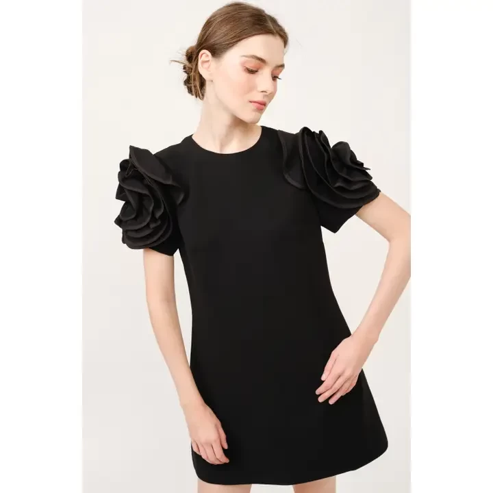 3D Floral Applique Short Sleeve Mini Dress