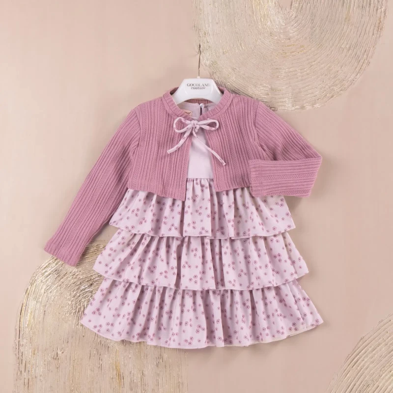 Girls Two Piece Layered Floral Print Dress & Cardigan Set (2-5Y)