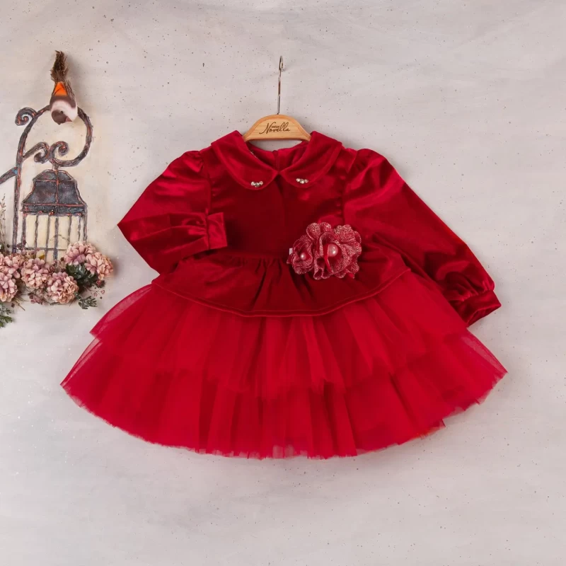 Baby Girls Full Sleeve Velvet Frilly Flower Party Dress (9-24M)