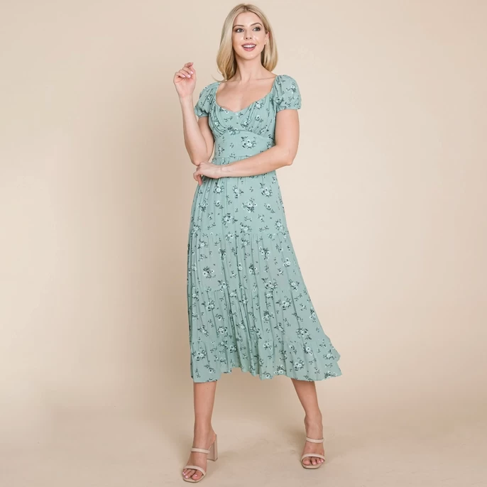 Short Sleeve Floral Pleated Open Back Midi Dress