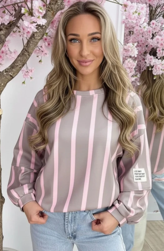 MAISIE OVERSIZED STRIPE BALLOON SLEEVE SWEATSHIRT TOP-GREY