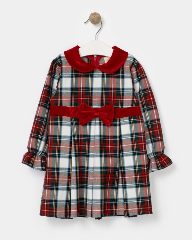 Baby Girls Full Sleeve Tartan Bow Dress -0