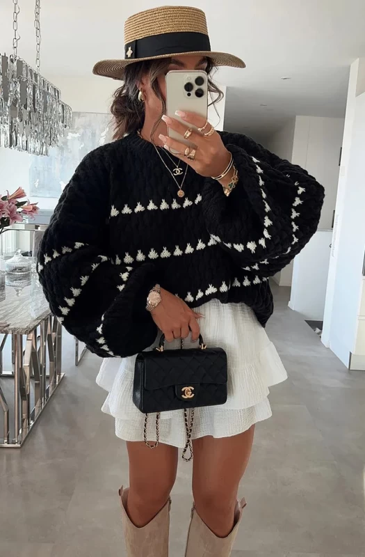 JODIE PATTERNED KNITTED JUMPER SWEATER TOP-BLACK