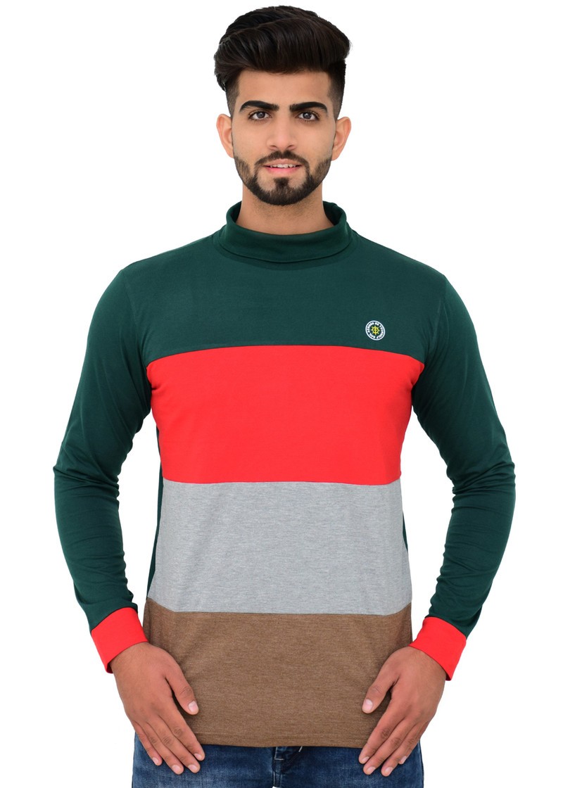 Cotton Blend Color Block Men High Neck Multicolor T-Shirt