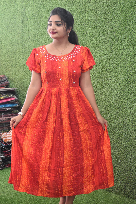 Shibori print rayon frock pattern puff sleeve with Handwork   - Orange