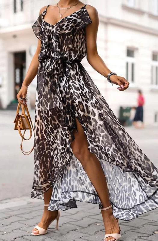 DIANE ANIMAL WRAP FRILL CHIFFON MAXI DRESS-BROWN