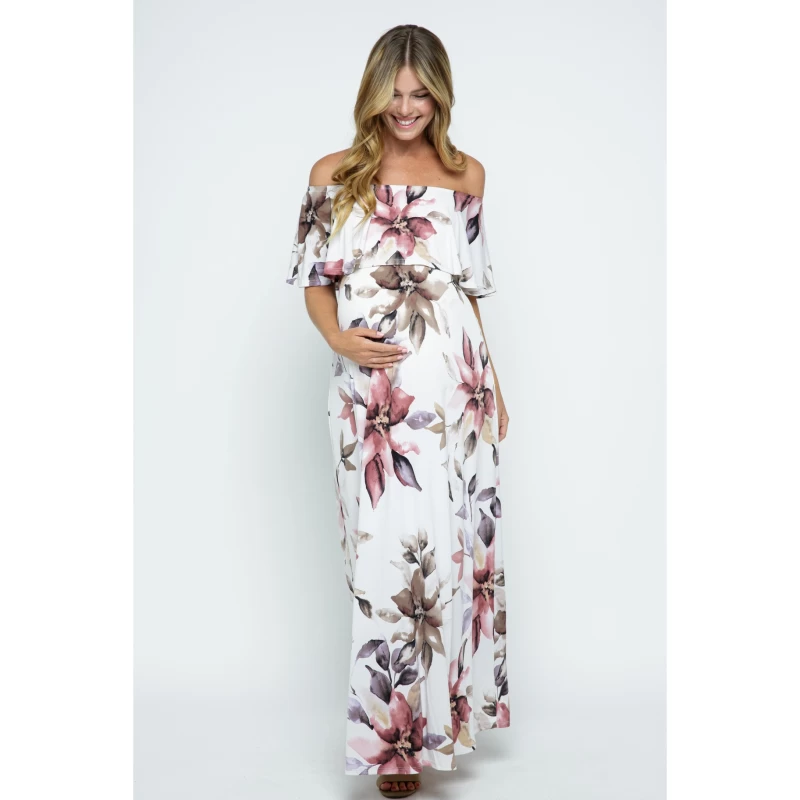 Floral Ruffle Off Shoulder Maxi Maternity Dress