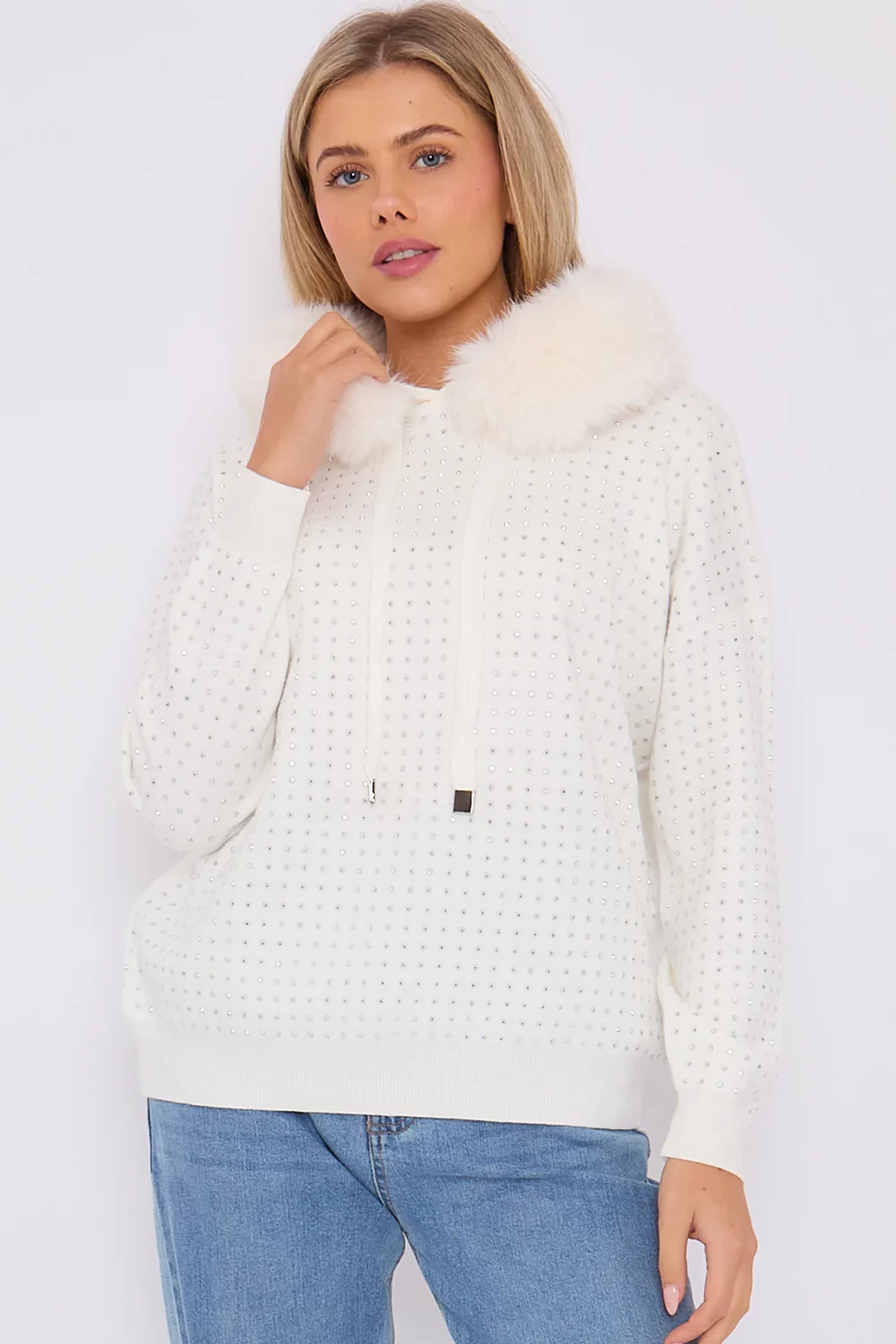 BECKY DIAMOND FURR HOODIE - WHITE