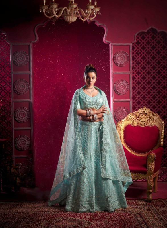 Sky Blue Premium Net Zarkan Work Bridal Wear Lehenga Choli