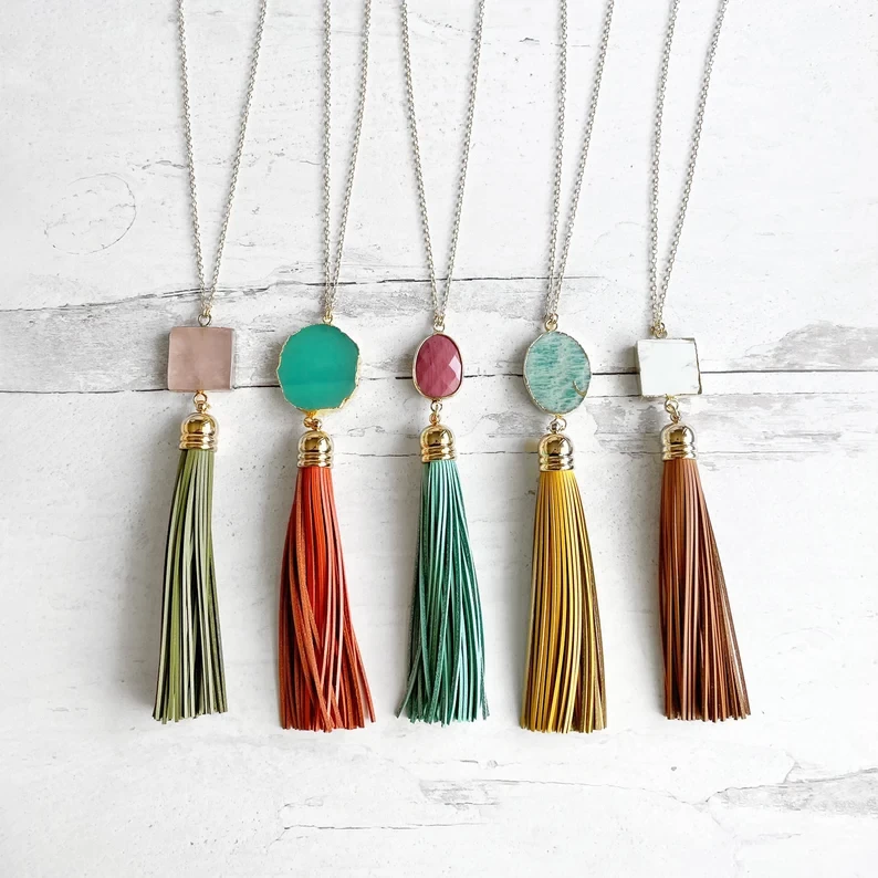 Tassel Necklace. Leather Tassel Necklace. Turquoise Orange Aqua Tassel Necklace. Long Tassel Necklace.