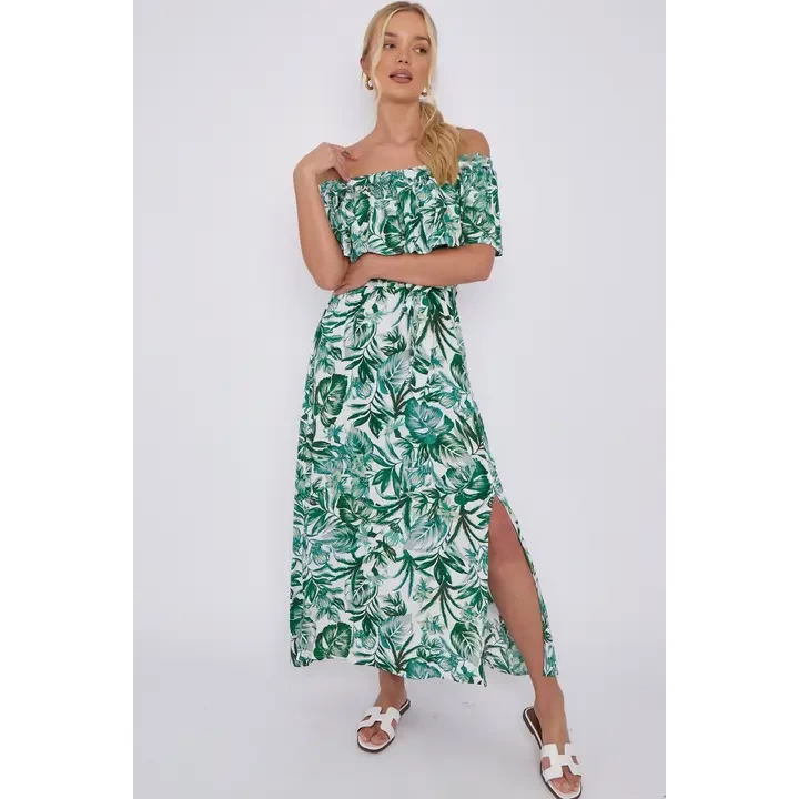 Green Leaf Floral Print Bardot Maxi Dress