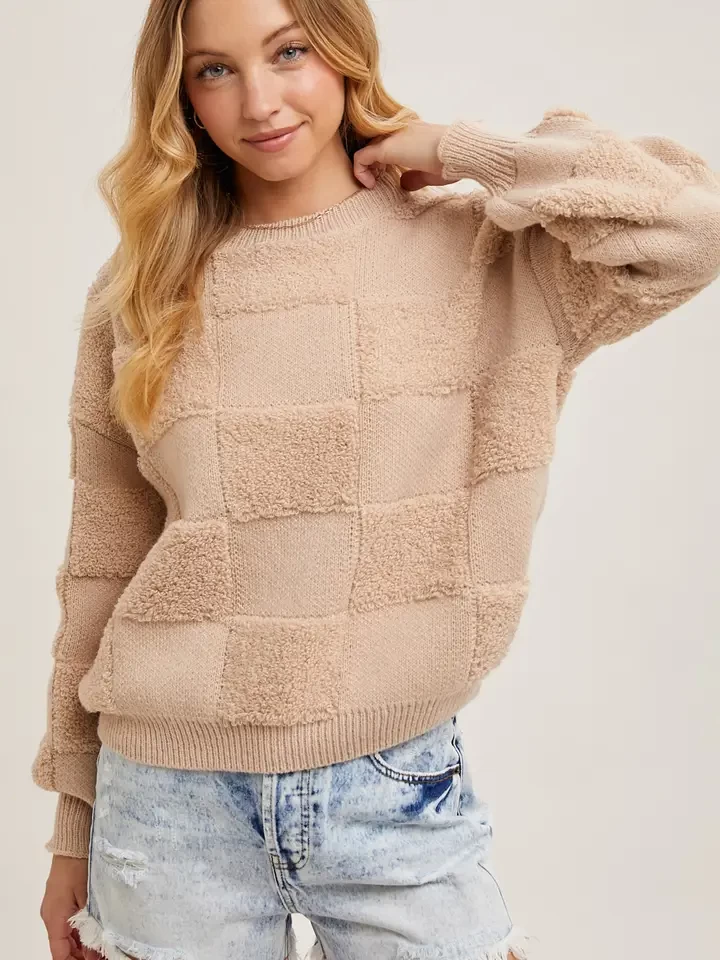 Checkered Sherpa Round Neck Knit Sweater