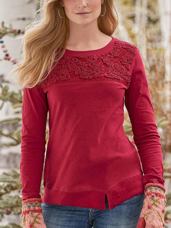 RED Pure Cotton Long Sleeve Embroidered Cornelli Top