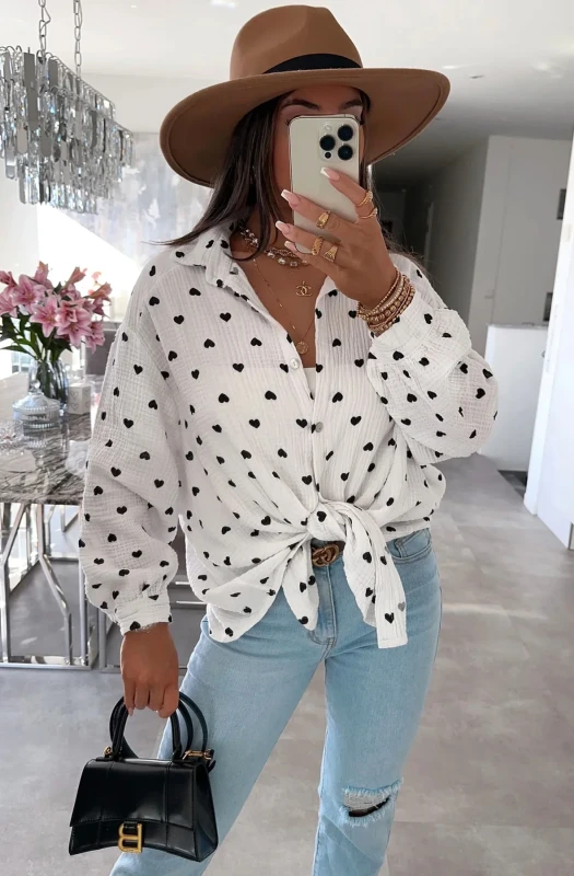 DINA 'HEARTS' PRINT OVERSIZED COTTON GAUZE STYLE BLOUSE SHIRT TOP-IVORY