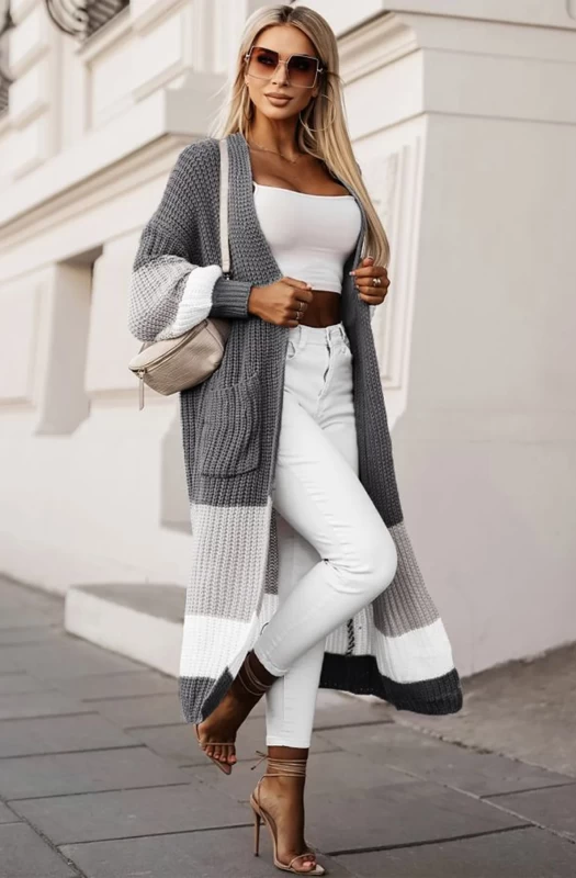 ZAMEKA LONGLINE KNITTED COLOUR BLOCK OPEN CARDIGAN-GREY
