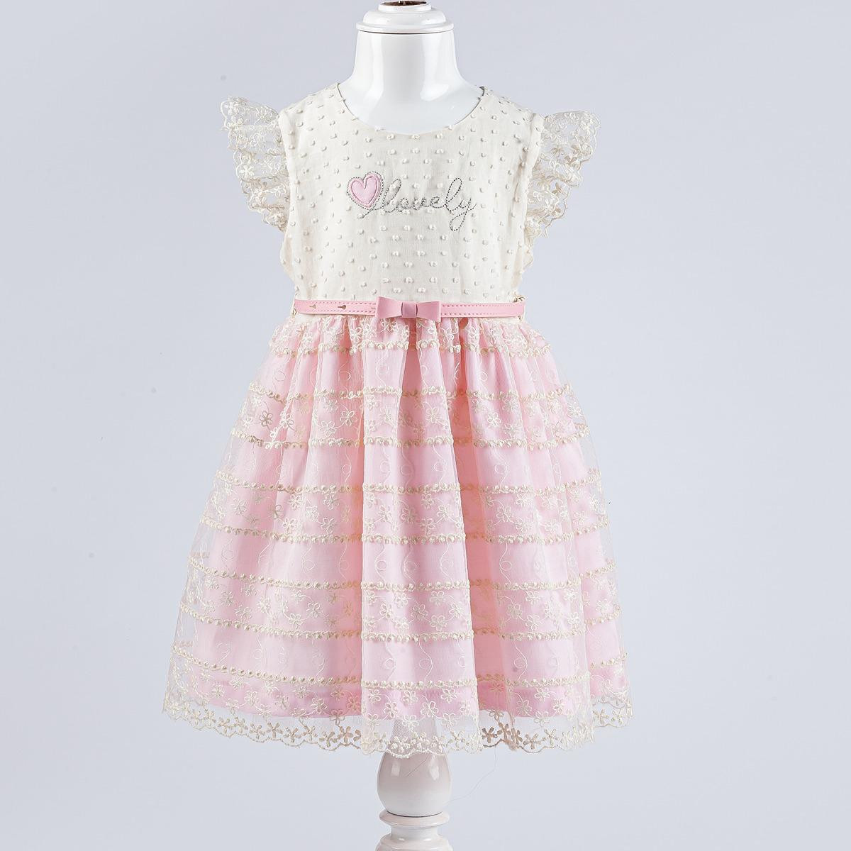 Girls “LOVELY” Embroidered Cotton Belt Dress (2-5Y) - PINK