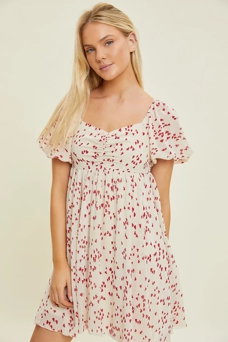 Puff Sleeve Mini Heart Print Mini Dress