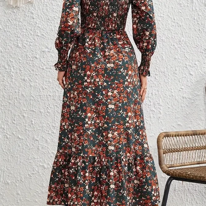 Square Neck Flaral Lantern Sleeves Dress ZK2298