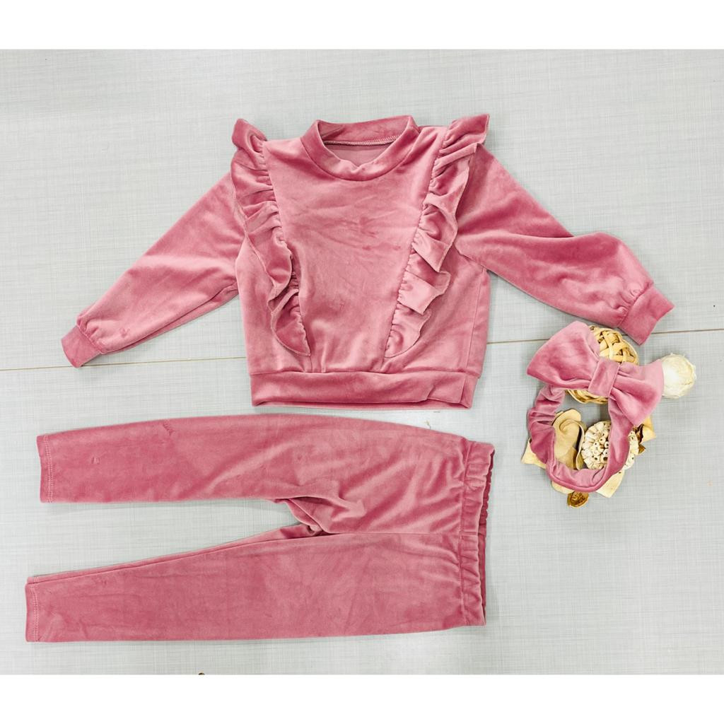 Girls Two Piece Frilly Velvet Loungewear Set with Headband (4-14Y)