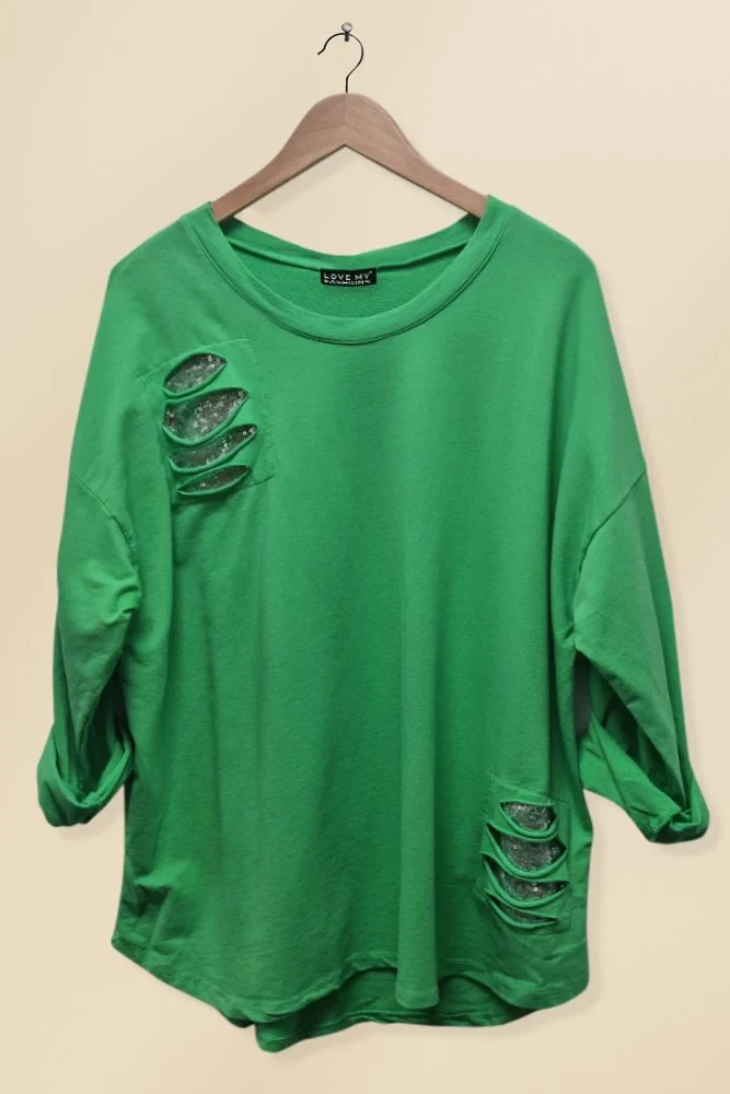 Sequin Patched Ripped Cotton Top