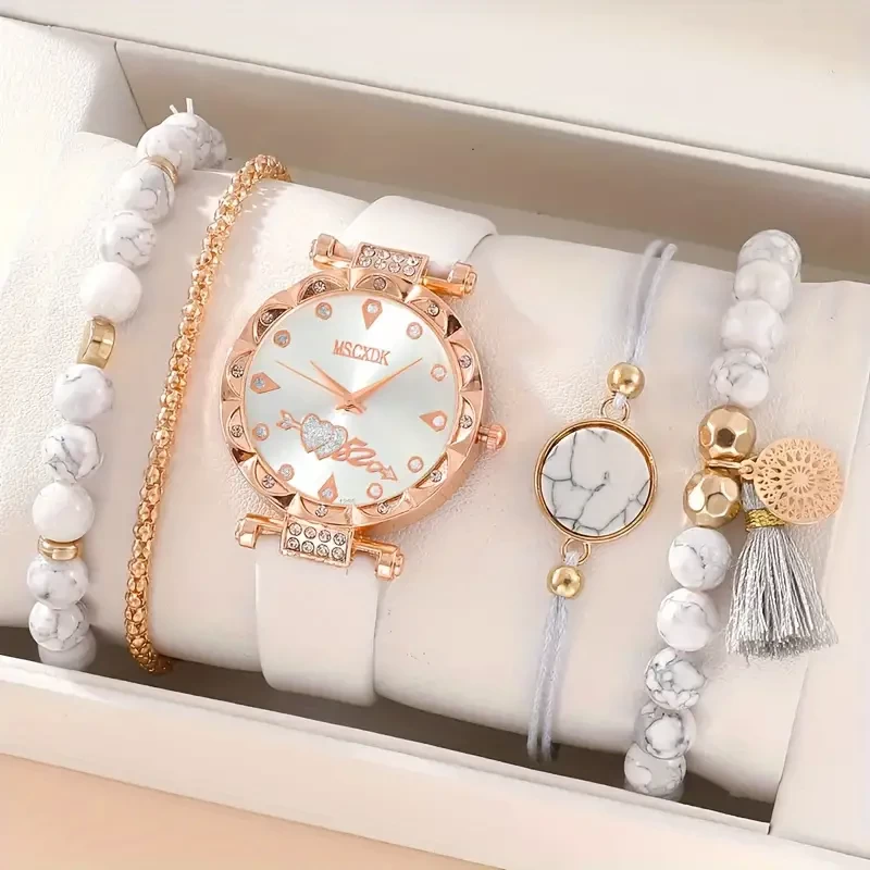 5pcs/set Women's Watch Romantic Heart Quartz Watch Luxury Rhinestone Analog Wrist Watch & Bracelets, Gift For Her