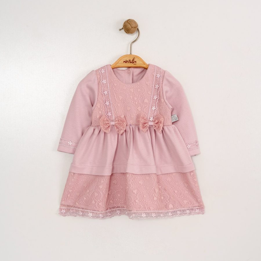 Baby Girls Full Sleeve Lace Trim Double Bow Dress with Headband (0-12M)