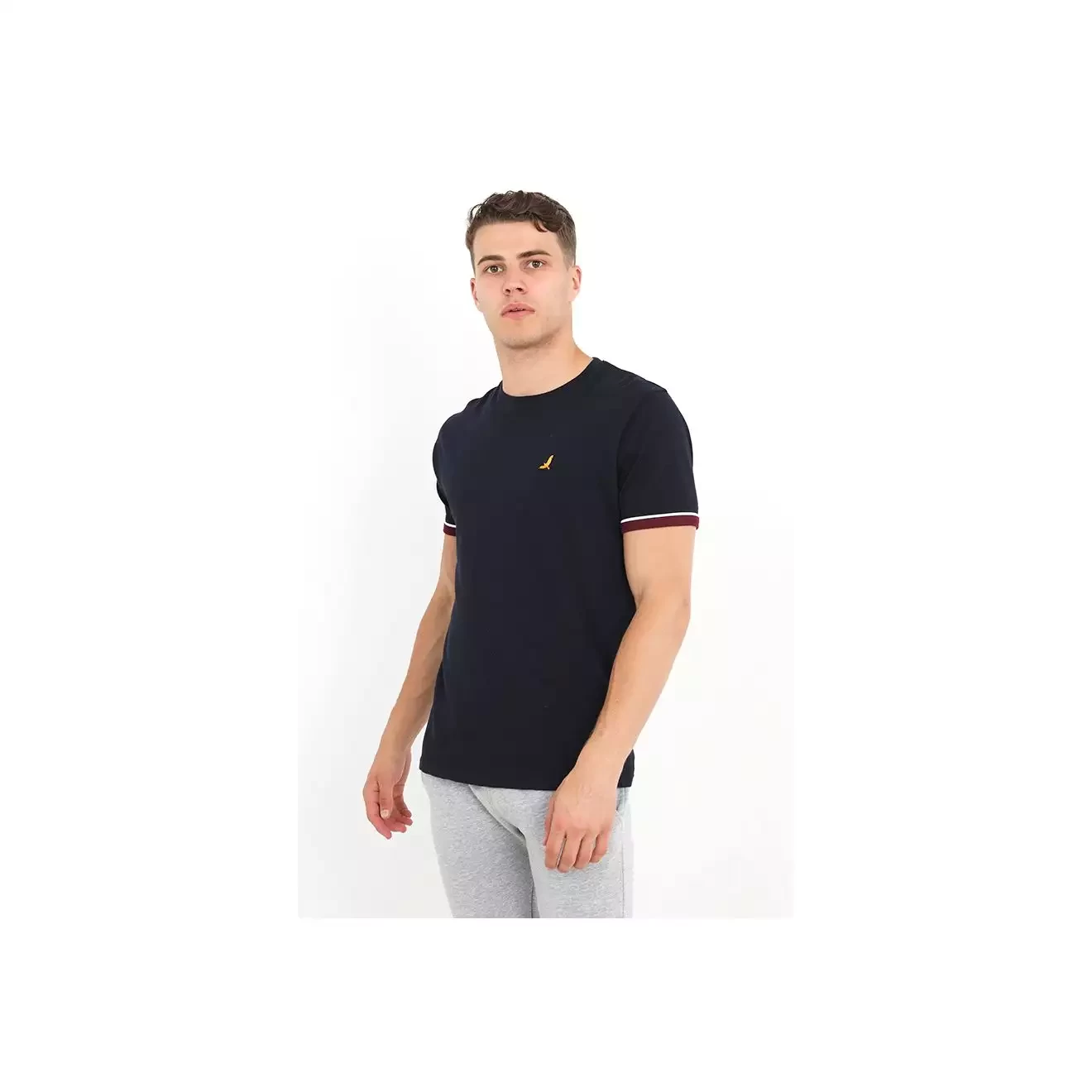 Navy contrast colour cuff and embroidery detail t- shirt