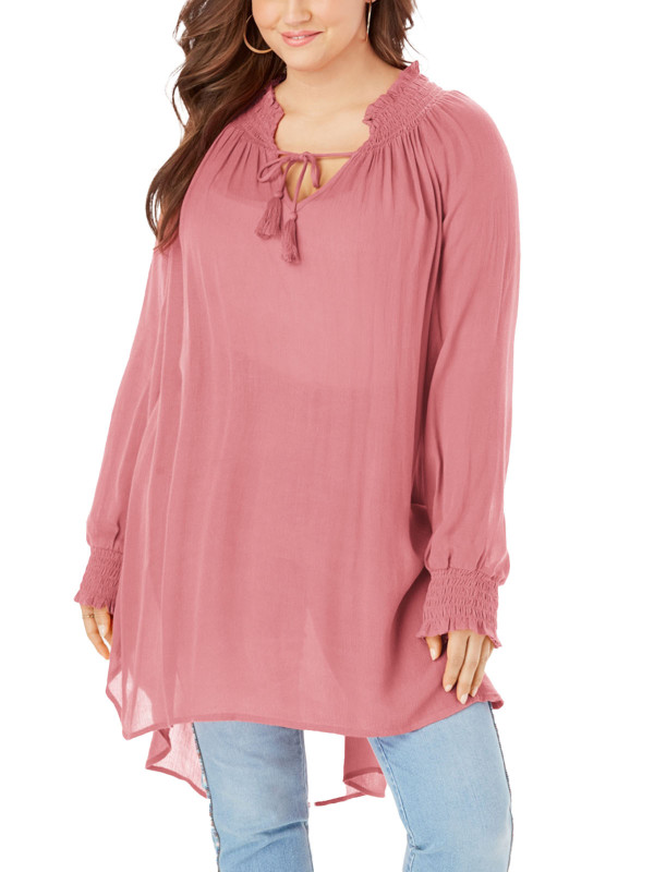 Smocked V-Neck Tunic With High-Low Hem