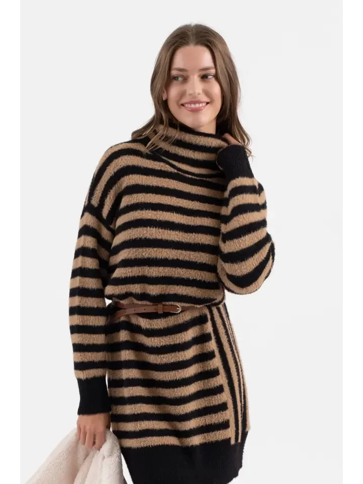 Contrast Stripe Turtleneck Knit Sweater Dress