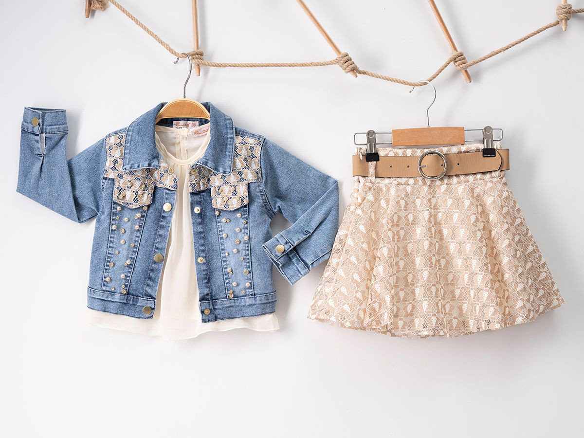 Girls Three Piece Net Skirt & Pearl Denim Jacket Set with Belt (2-5Y)