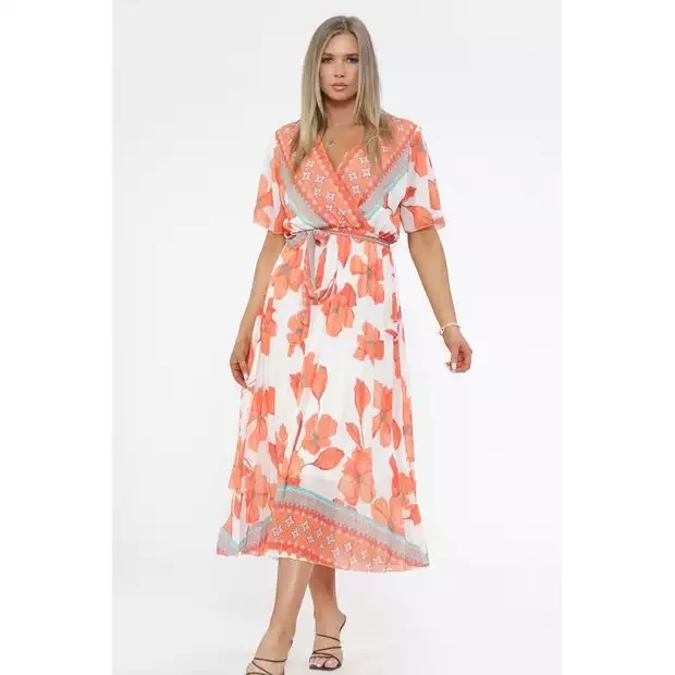 Floral pleated beited dress orange