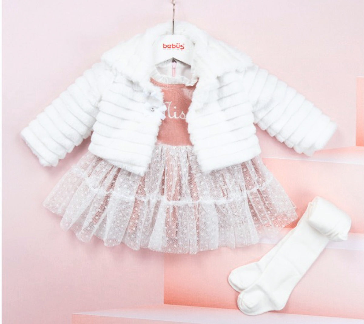 Baby Girls Three Piece Velvet Dress & Fur Coat Set with Tights (6-18M)