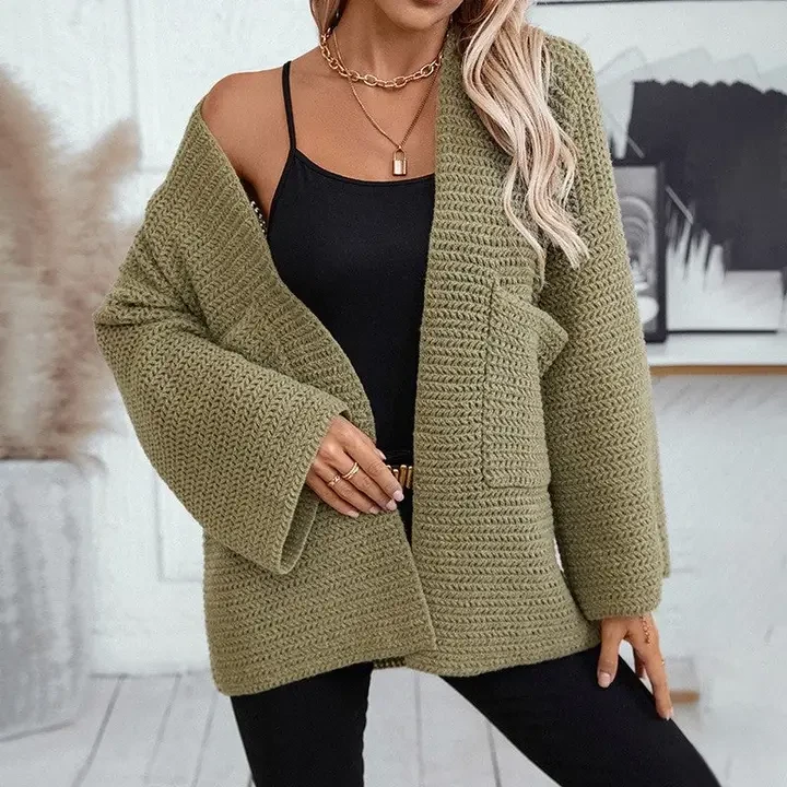 Retro Mid-Length V-Neck Solid Color Cardigan Sweater