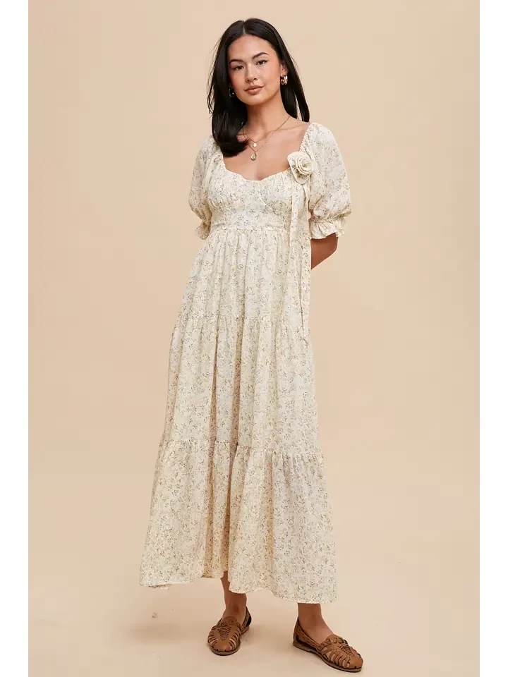 Rosette Sweetheart Neck Floral Tiered Dress