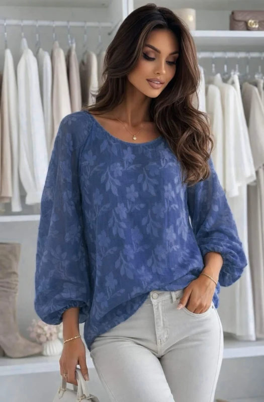 JUDITH OVERSIZED TEXTURED FLORAL BATWING BOAT NECK BLOUSE TOP-BLUE