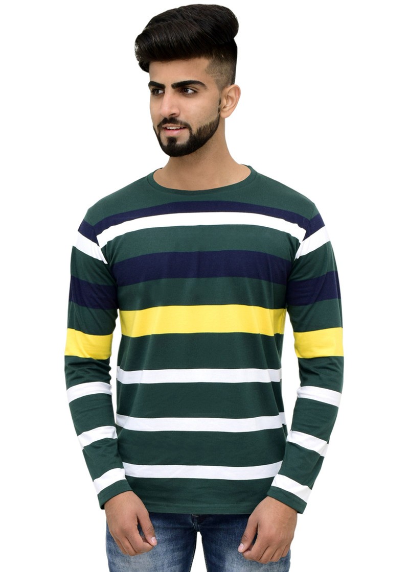 Cotton Blend Striped Men Round Neck Dark Green T-Shirt