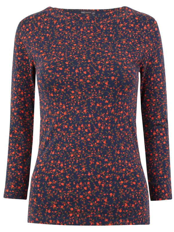 NAVY Cotton Rich Floral Print Fitted Top